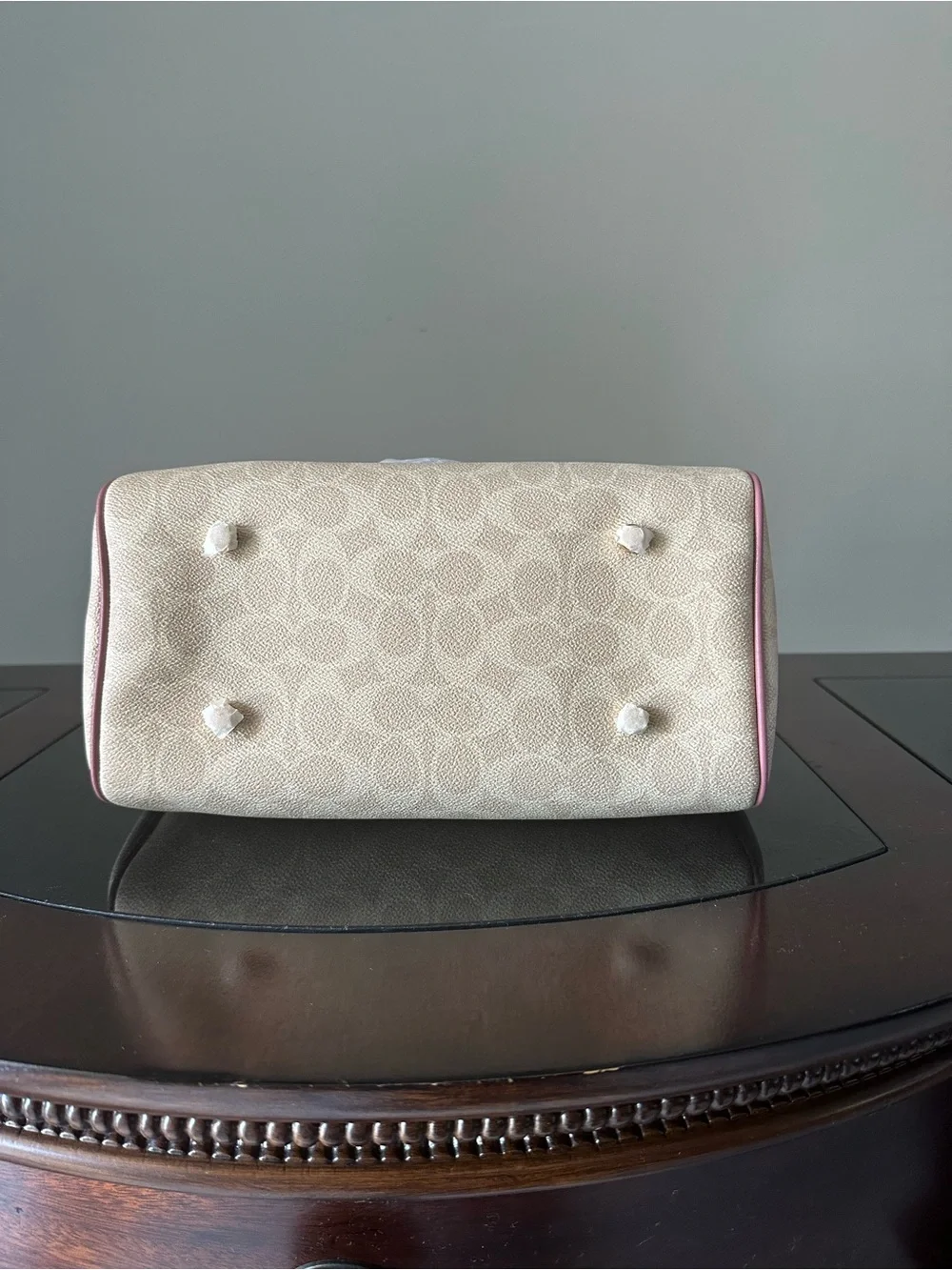 Coach Beige Canvas Satchel with Pink Trim and Heart Charm